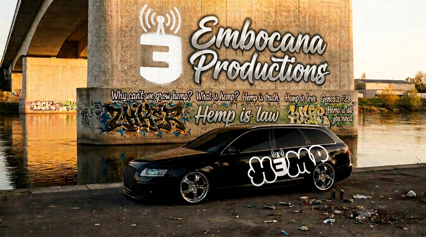 Glossy black HƎMP wagon beneath a bridge with a spray-painted Ǝ signal mark and Embocana Productions on the wall